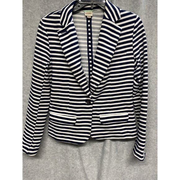 Merona Womens Blazer Knit Blue/White Striped Jacket Front Button Textured Size S - Picture 1 of 6
